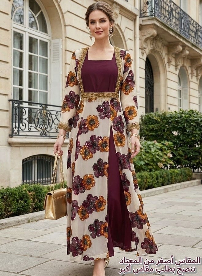 Ladies' Ramadan Elegant Chiffon Maxi Dress Formal Elegant Gown Party Long-Sleeved Dress Burgundy Floral Patchwork Formal Ankle-Length Cover-Up Dress - Image 1